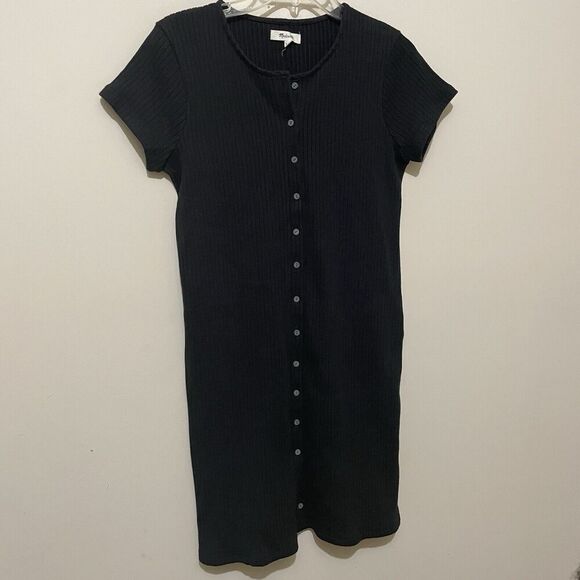 Madewell Dress Size Medium Button Front Ribbed Knit Mini Black Cotton Blend - Picture 3 of 9